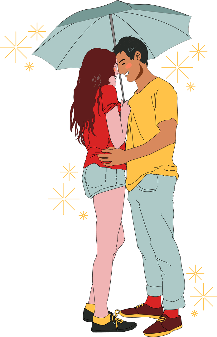 Romantic Couple under Umbrella on Transparent Background