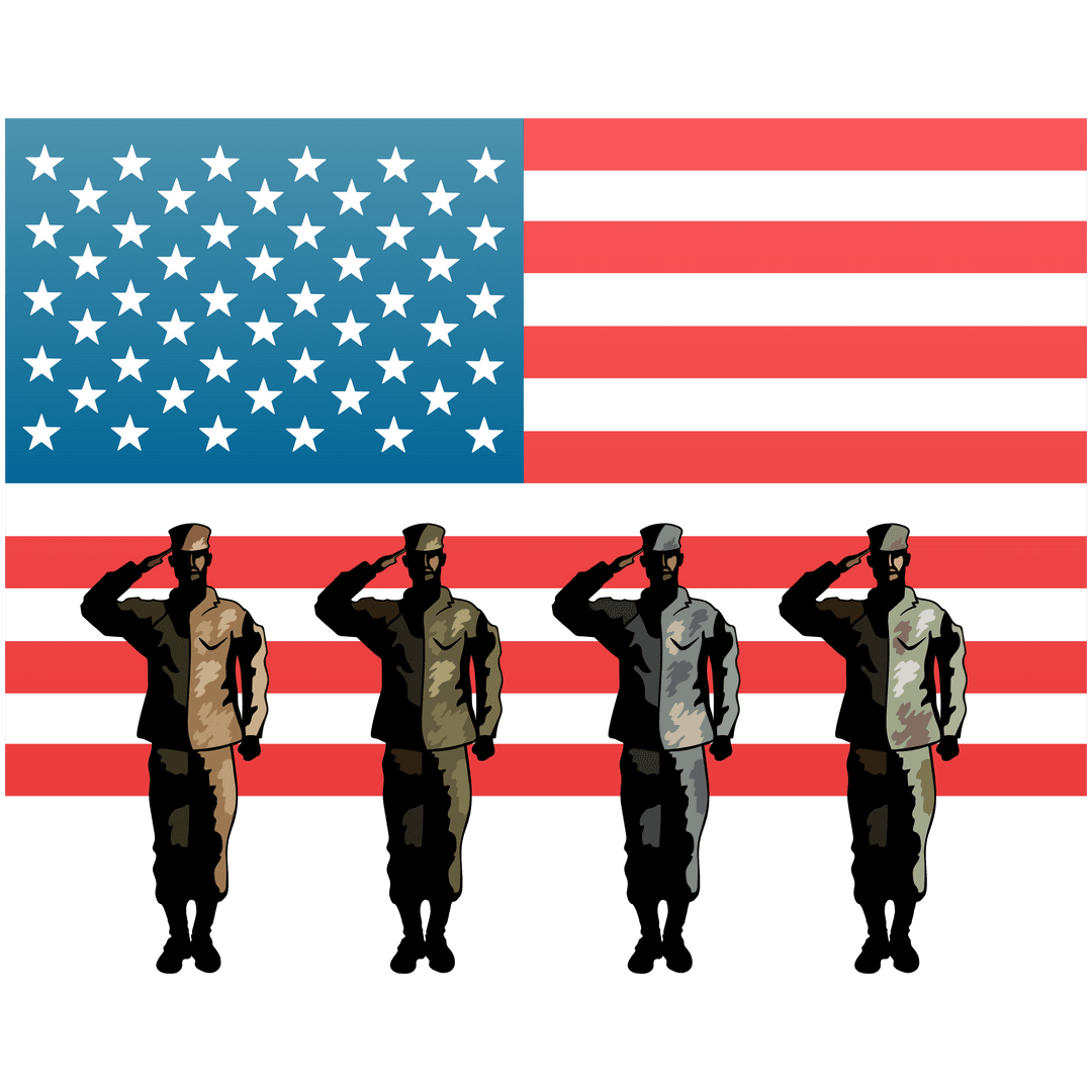 Transparent Silhouette of Soldiers Saluting with American Flag