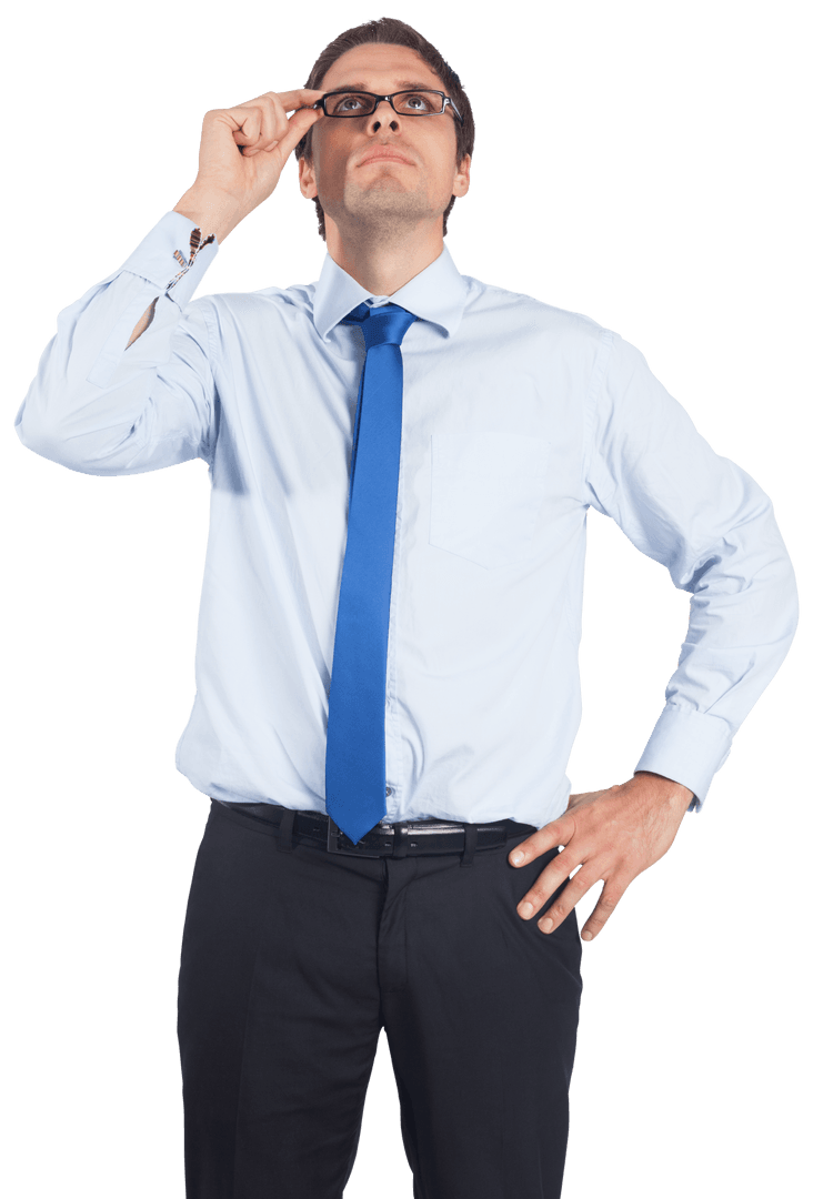 Businessman With Eyeglasses Ponders on Transparent Background