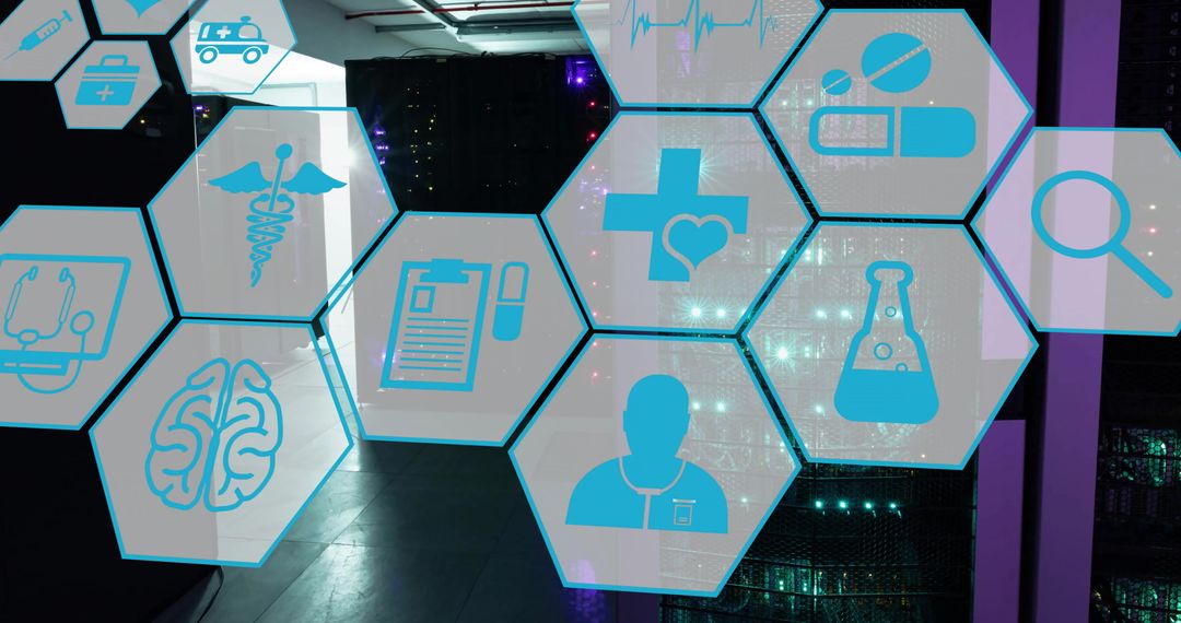 Futuristic Medical Icons Overlapping High-Tech Servers