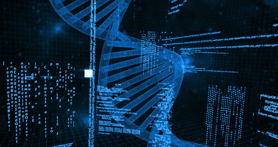 Futuristic DNA Strand with Digital Data Overlay on Black