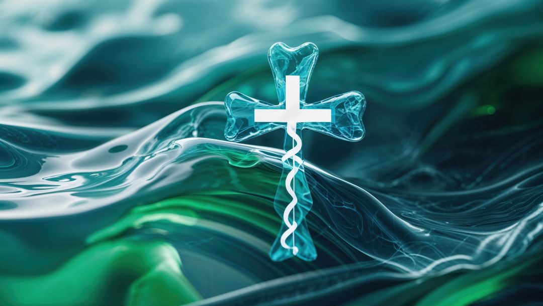 Translucent Glass Cross with Spiraling Ribbon and Liquid Waves