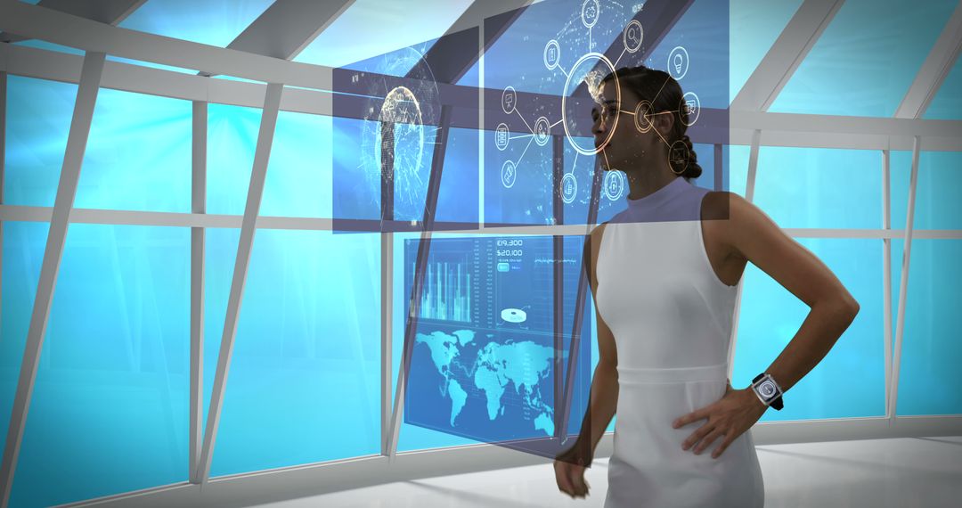 Woman Interacting with Futuristic Virtual Interface - Free Images, Stock Photos and Pictures on Pikwizard.com