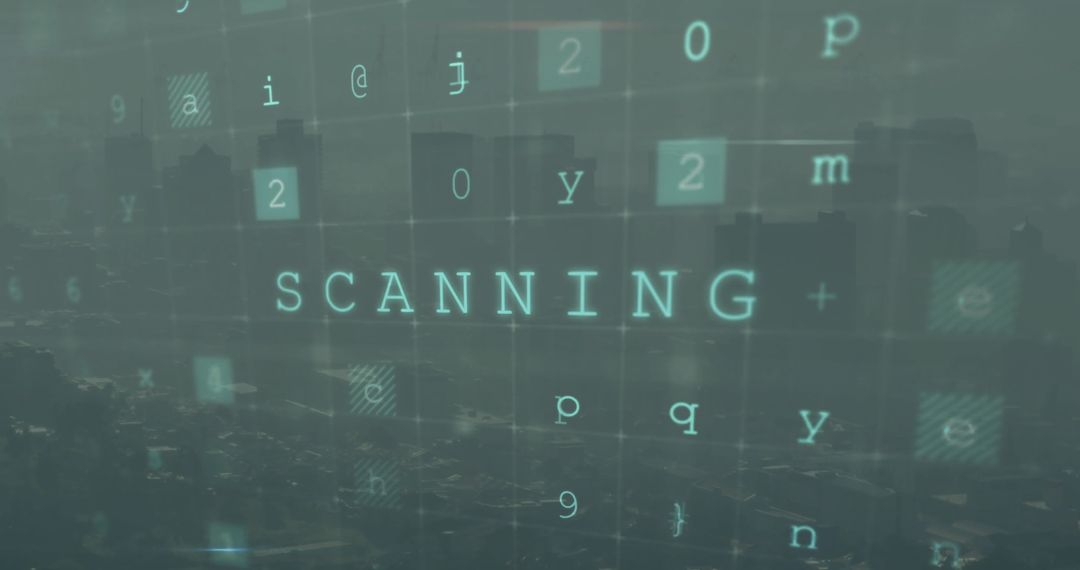 Cityscape and Data Text Overlay Illustrating Cyber Security
