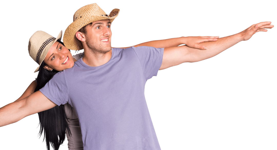 Cheerful Couple in Straw Hats Enjoying Fun Moment on White Background