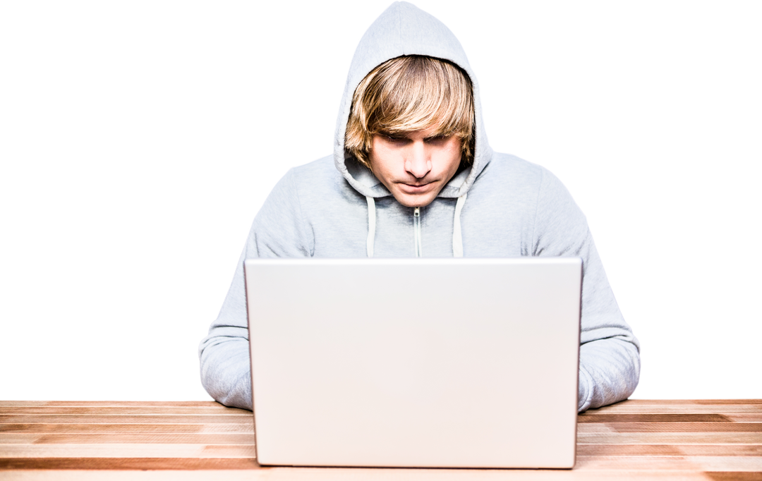 Hacker in Grey Hoodie Hacking On Laptop Isolated on Transparent Background - Download Free Stock Images Pikwizard.com