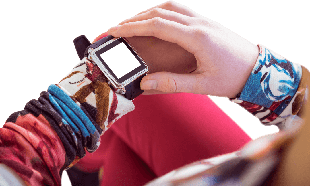Woman Adjusting Smart Watch Display on Transparent Background