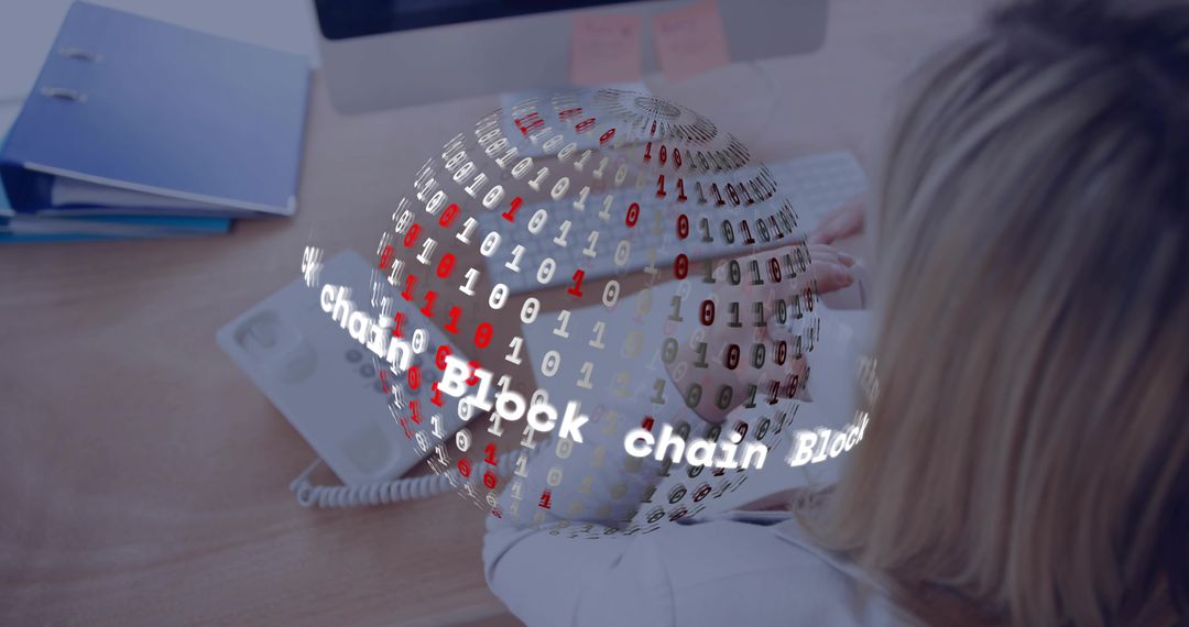 Female office worker typing at desk with blockchain globe overlay for digital connectivity
