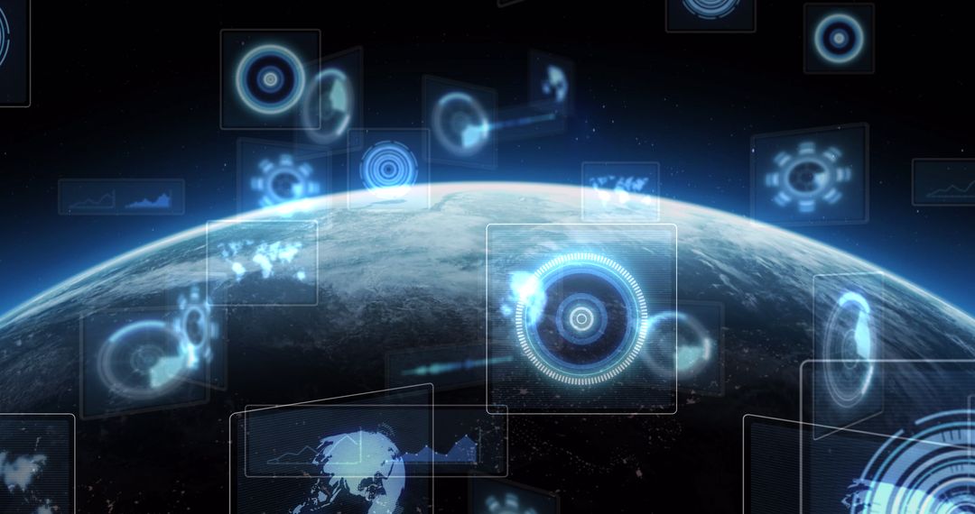 Digital Interface Over Globe with Data Screens and Horizons