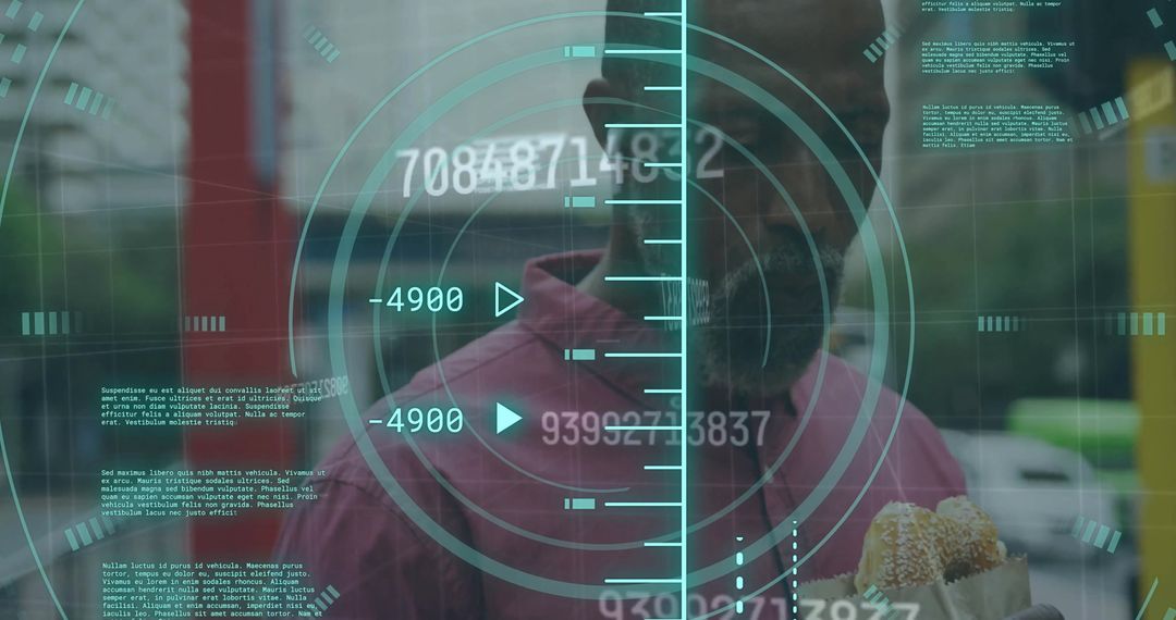 Digital Technology Scan Overlay on African American Man Eating Pretzel