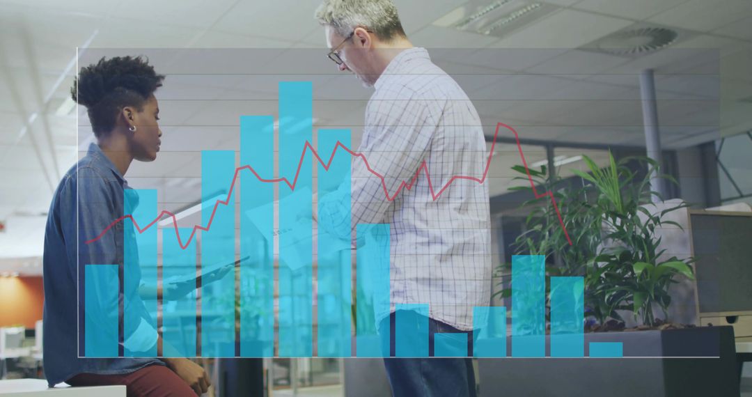 Colleagues Discussing Data Insights with Digital Overlay in Modern Office