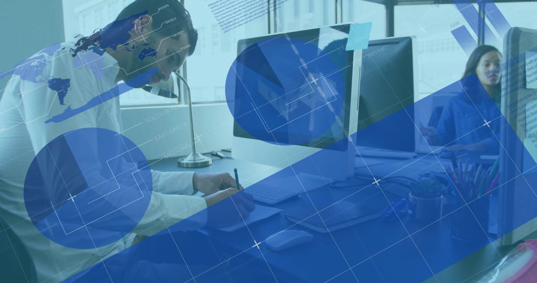 Office Analytics with Diverse Team Analyzing Data and International Graphs