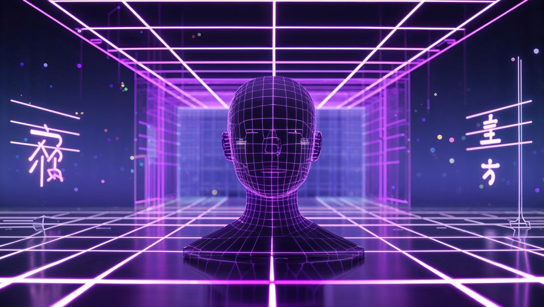 Futuristic Wireframe Head in Neon Cyber Environment