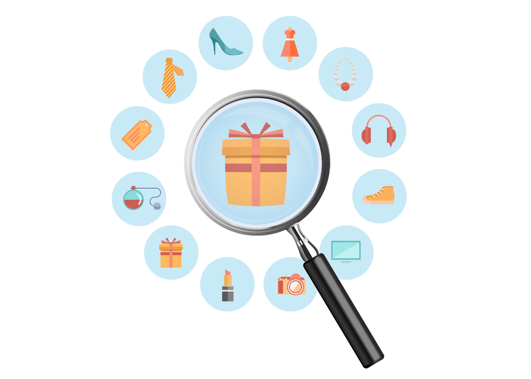 Magnifying Glass with Shopping Symbols on Transparent Background