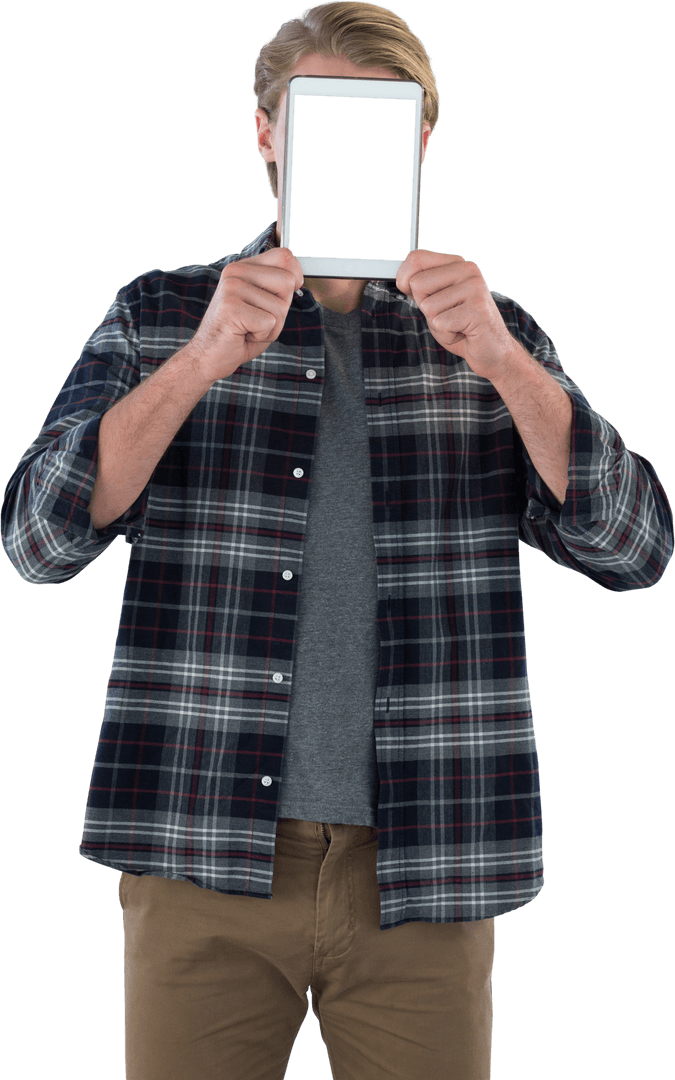 Man Holding Transparent Tablet Digital Device Neutral Background