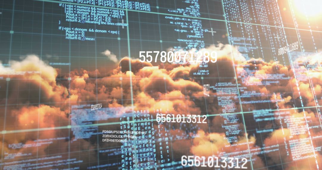 Abstract Digital Code Over Cloudy Sunset Sky
