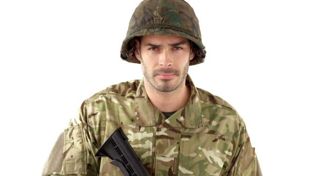 Young Soldier in Combat Uniform with Rifle on White Background