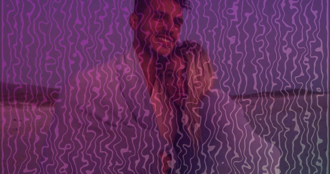 Couple Embracing During Sunset on Beach with Abstract Overlay