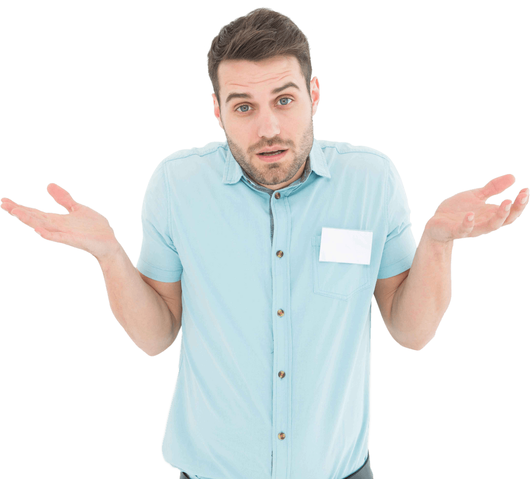 Confused Man on Transparent Background Shrugging with Hands