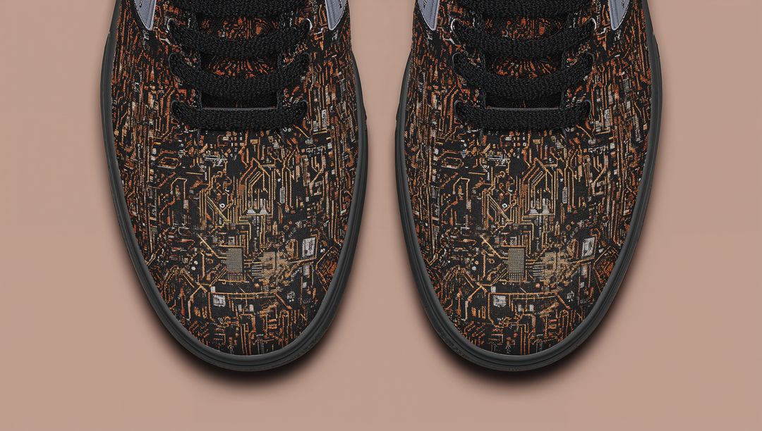 Top-Down Sneaker Pair with Copper Circuit Board Print on Neutral Beige Background, Futuristic Detail