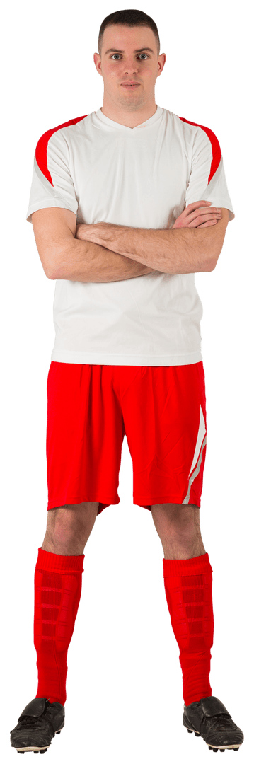 Confident Transparent Soccer Player in Red and White Uniform