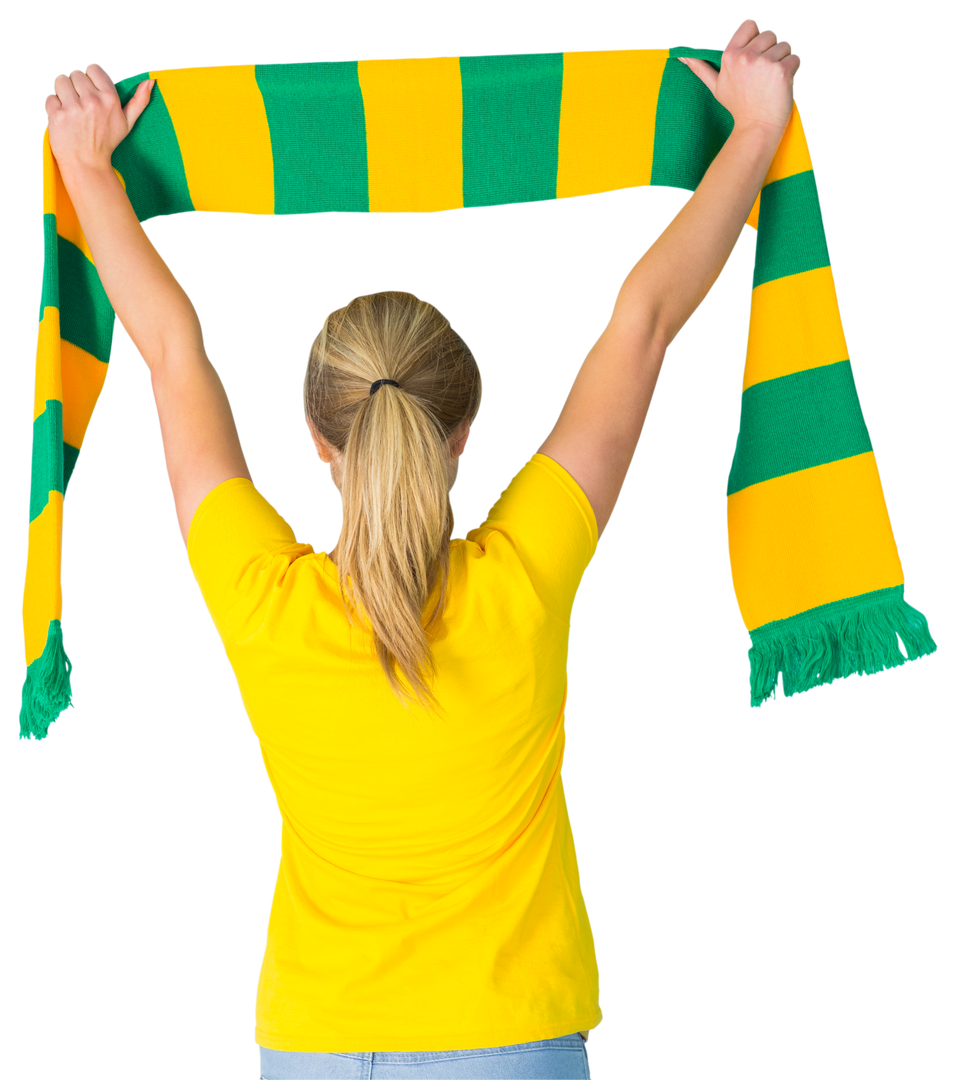 Transparent Excited Female Fan in Yellow Shirt Holding Sports Scarf Overhead - Download Free Stock Images Pikwizard.com