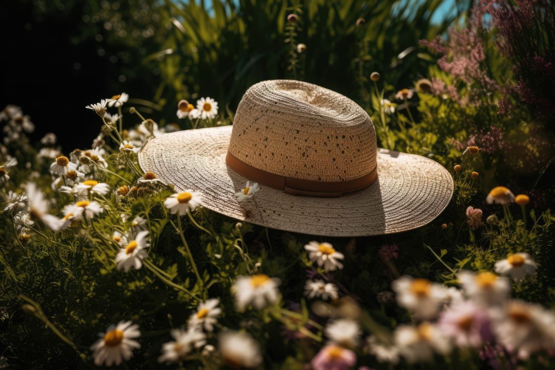 Close up of sunhat in grass and flowers on sunny day, created using generative ai technology - Free Images, Stock Photos and Pictures on Pikwizard.com