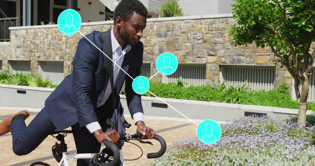 Businessman Connecting Digital Networks Ride with Bicycle in City