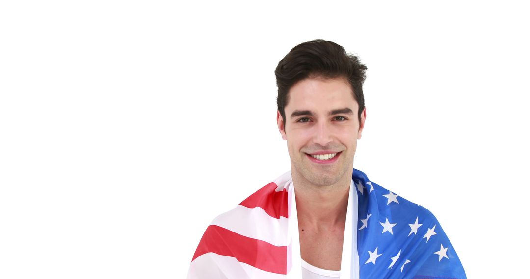 Man smiling with American flag draped over shoulders - Free Images, Stock Photos and Pictures on Pikwizard.com