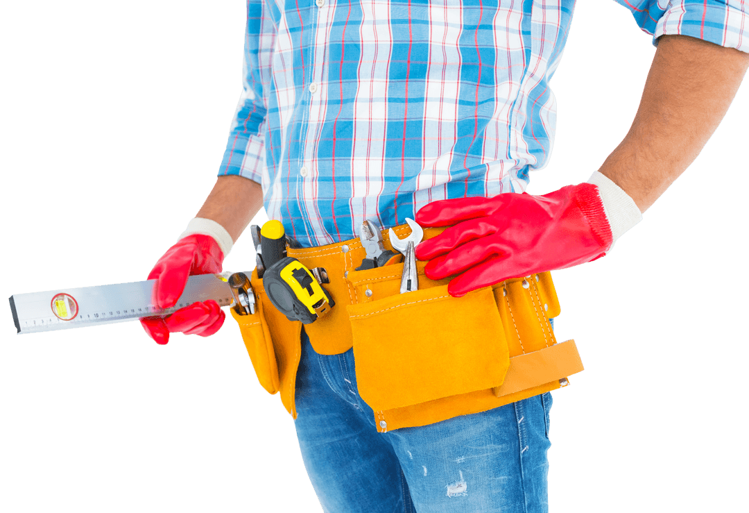 Transparent View of Handyman's Tools in Belt with Red Gloves