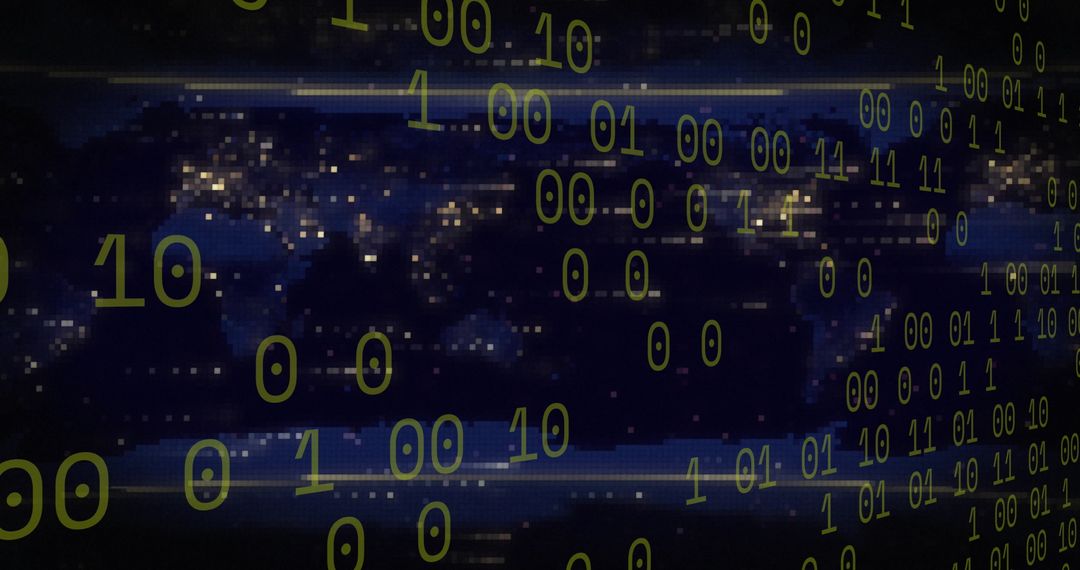 Binary Code Overlaid on Digital World Map