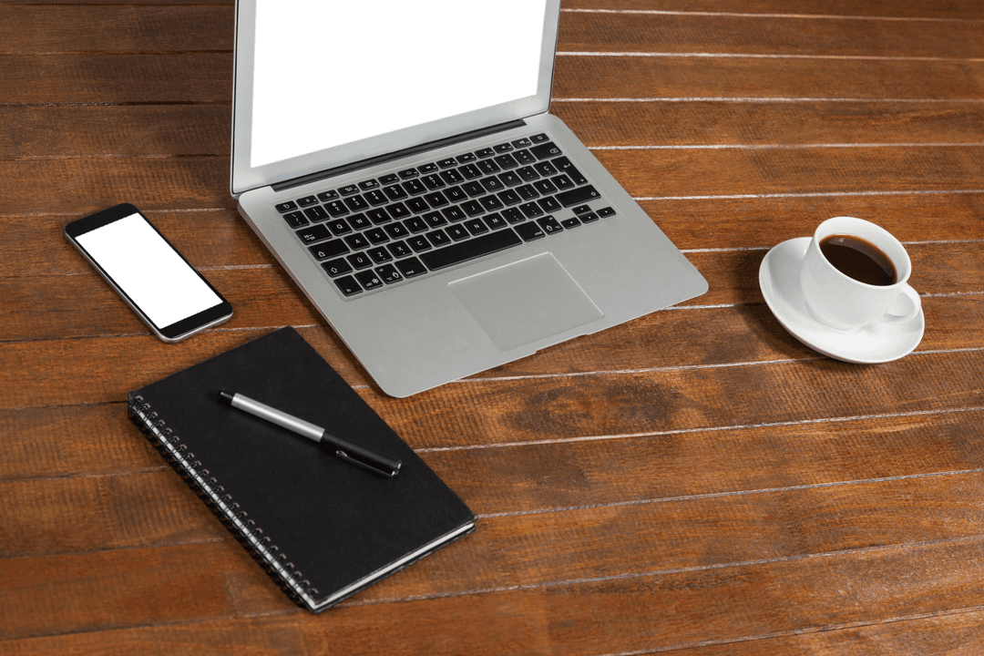 Modern Office Desk with Transparent Laptop and Coffee Cup