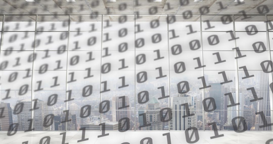 Binary Code Overlay on City Skyline Conveying Digital World