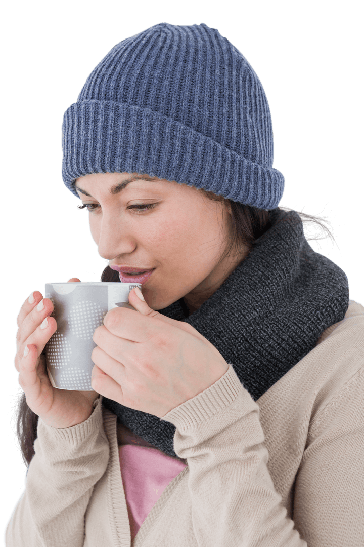Transparent Woman Enjoying Hot Beverage on Cold Day