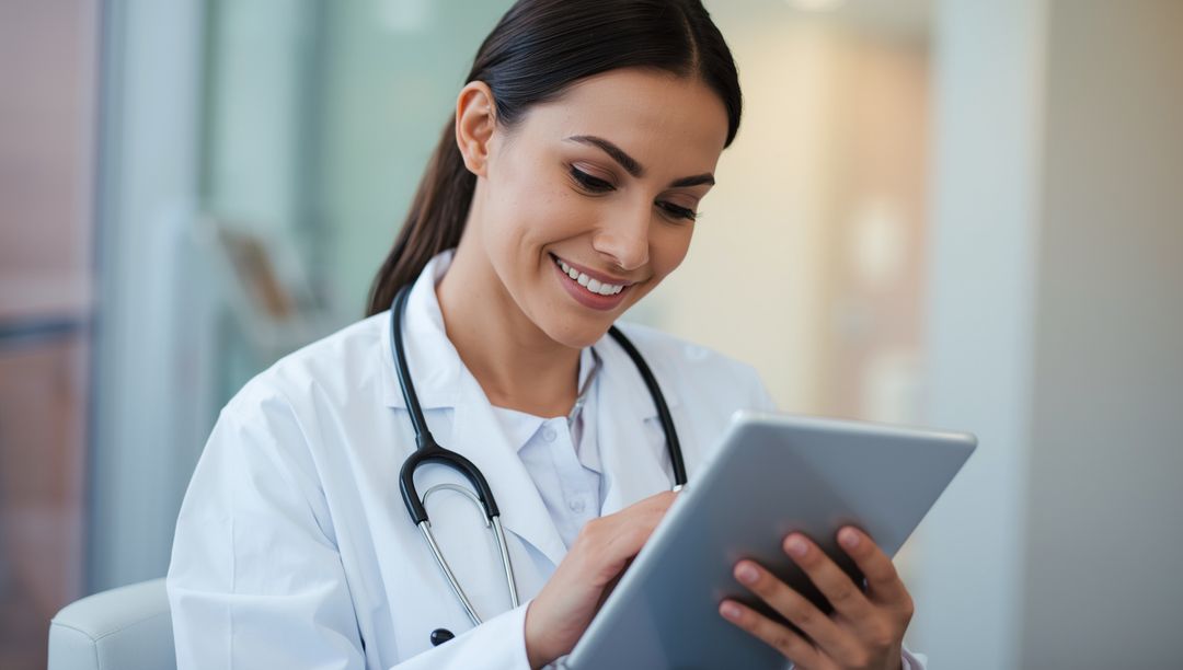 Smiling Female Doctor Using Tablet in Modern Clinic Office