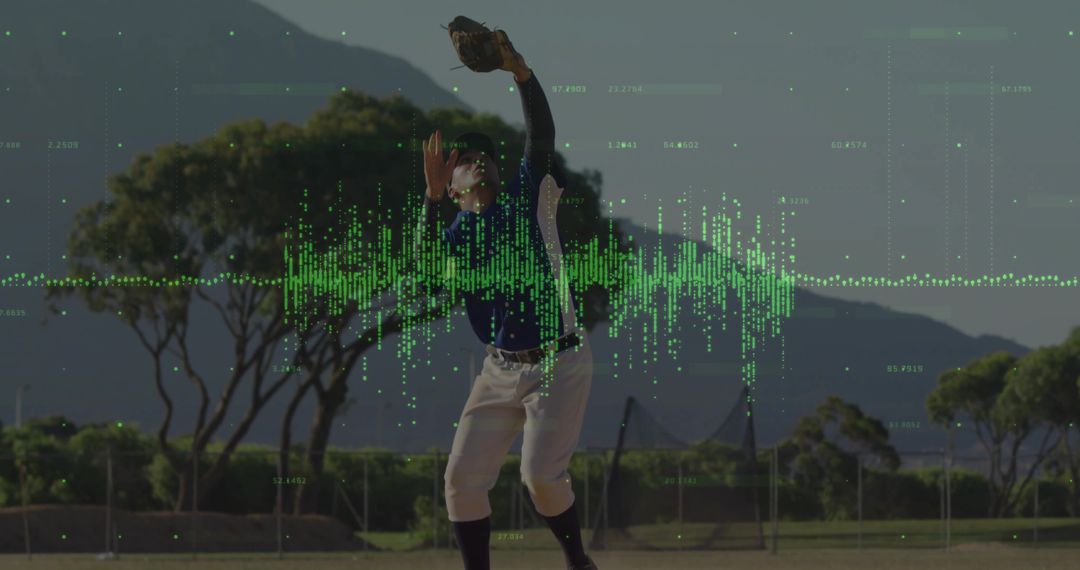 Baseball Player Making Dynamic Catch with Digital Waveform Overlay