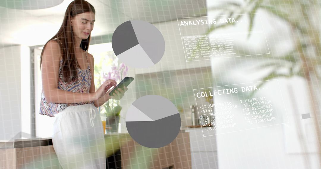 Young woman tapping tablet while viewing analytics overlays in bright modern kitchen