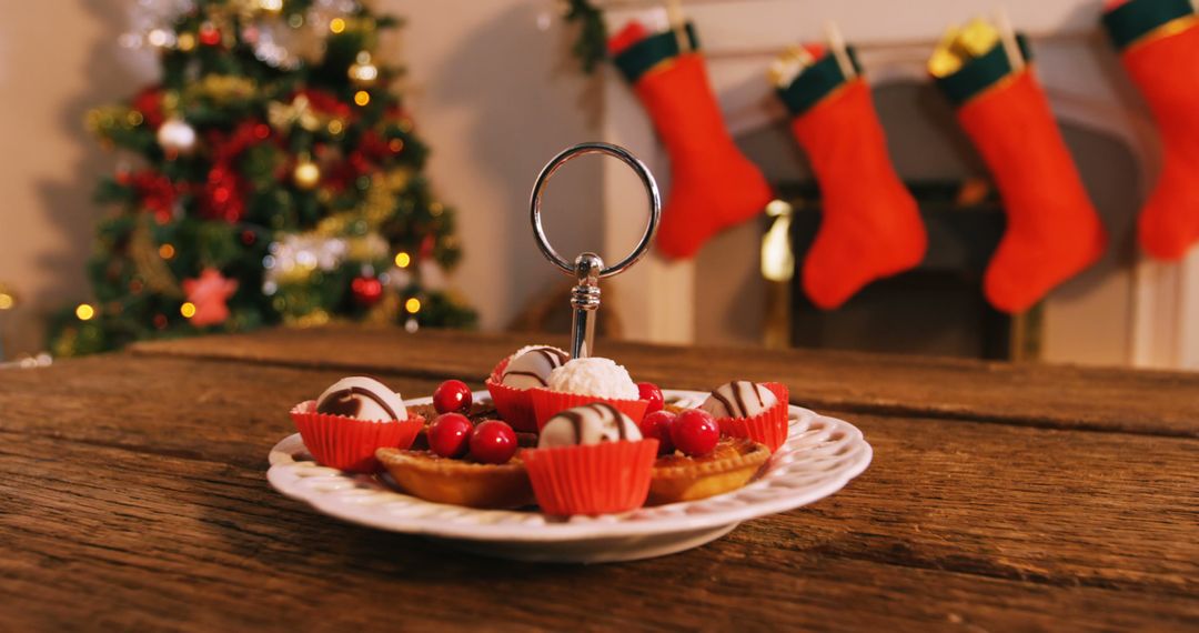 Festive Holiday Dessert Display with Christmas Tree and Stockings - Free Images, Stock Photos and Pictures on Pikwizard.com