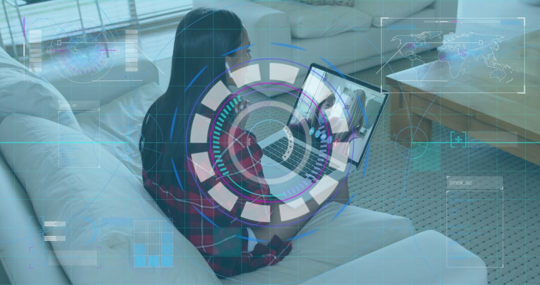 Young Woman Working with Futuristic Holographic Interface at Home