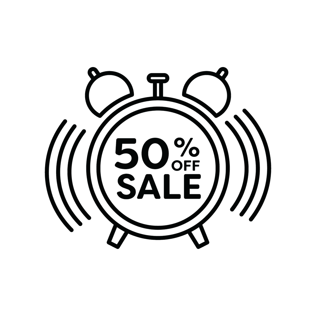 Transparent Alarm Clock Icon with 50% Off Sale Text