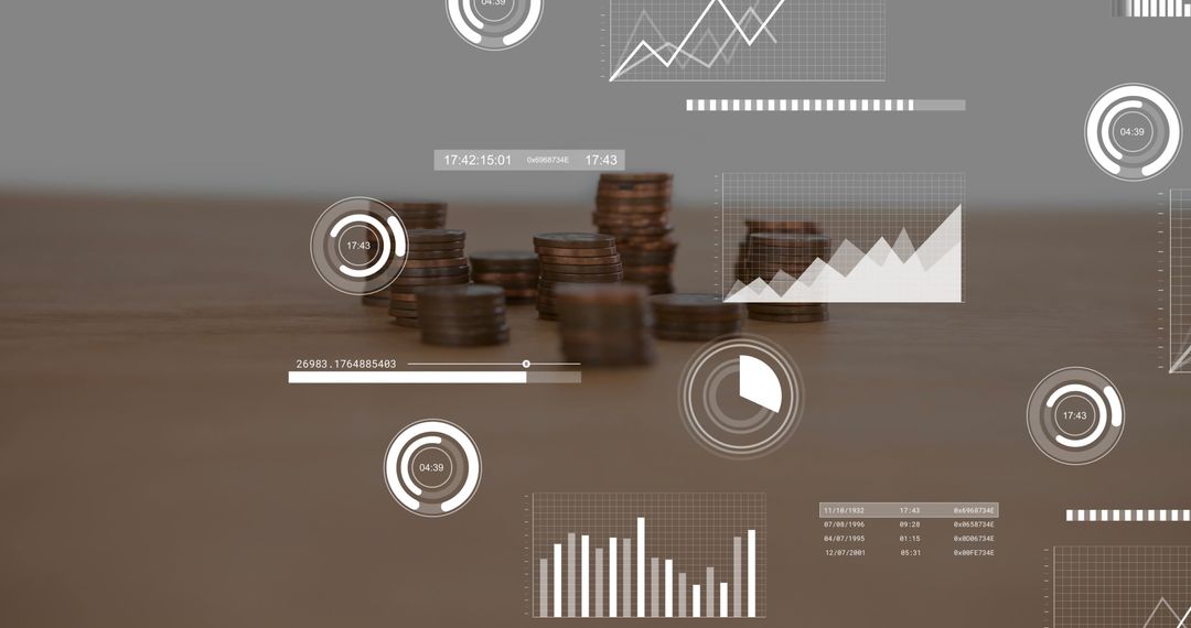 Futuristic Digital Finance Overlay on Stack of Coins