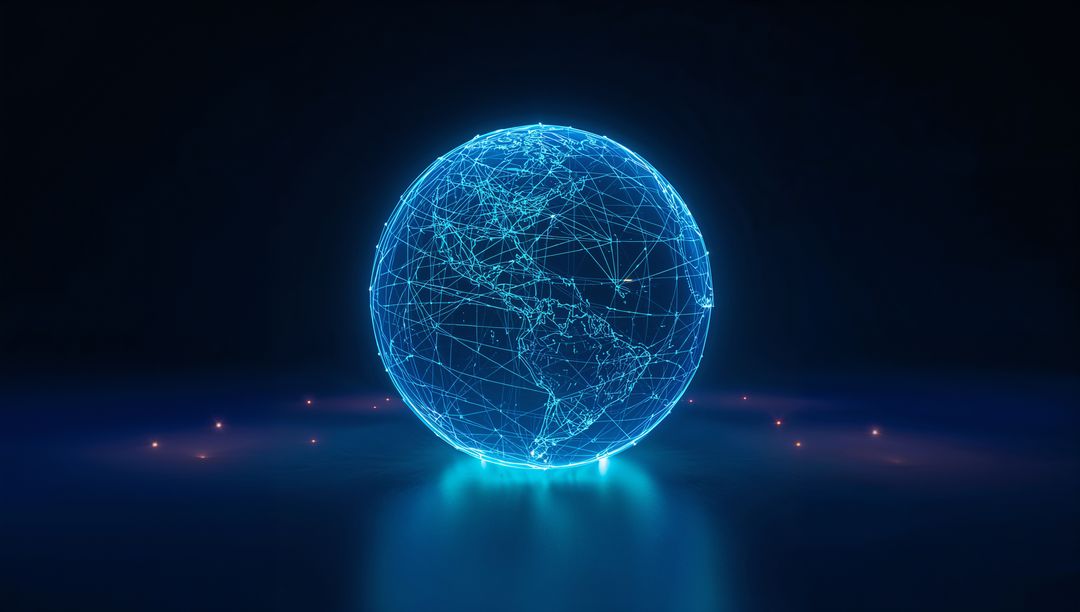 Holographic Neon Globe Glowing Cyan with Connected Network Nodes and Data Mesh