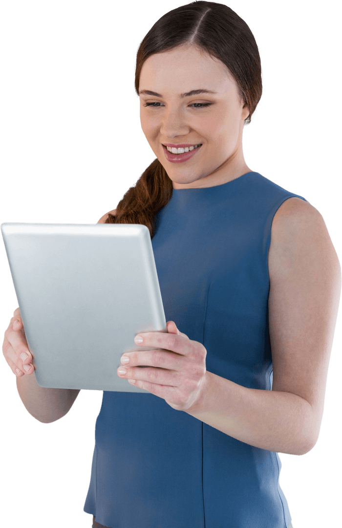 Smiling Woman Using Digital Tablet in Transparent Background