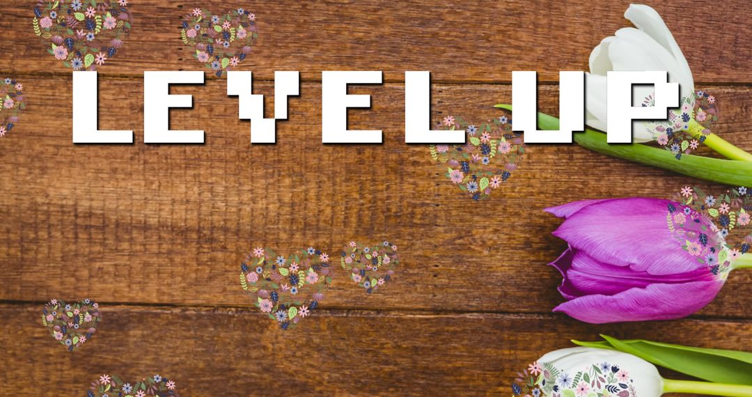 Colorful Tulips with Digital Floral Overlay and Level Up Text