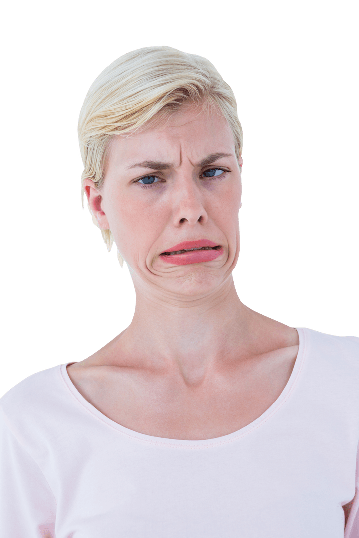 Caucasian Woman Making Funny Face with Humorous Expression on Transparent Background