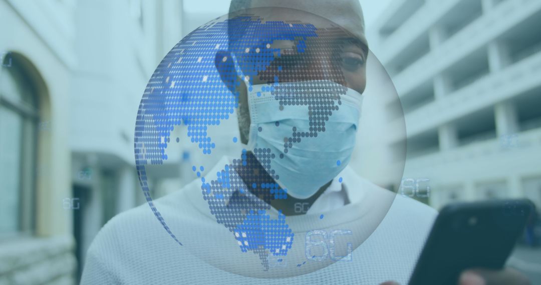 Man Browsing Smartphone in City Wearing Surgical Mask with Digital Globe Overlay