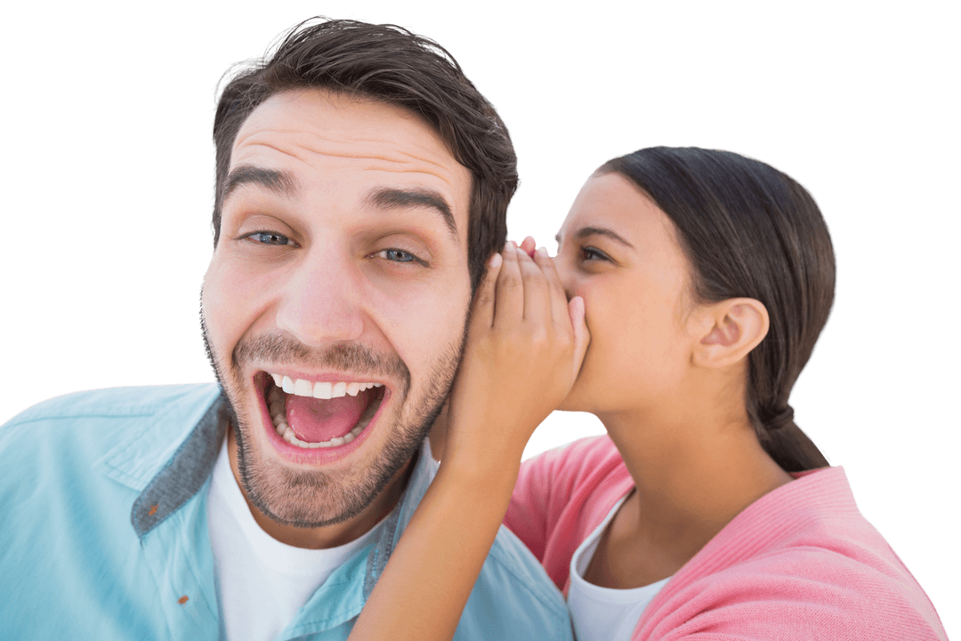 Woman Whispering Secret to Happy Man in Transparent Background