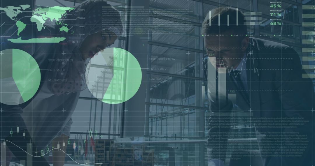 Diverse Professionals Analyzing Data with Overlay of Digital Graphs