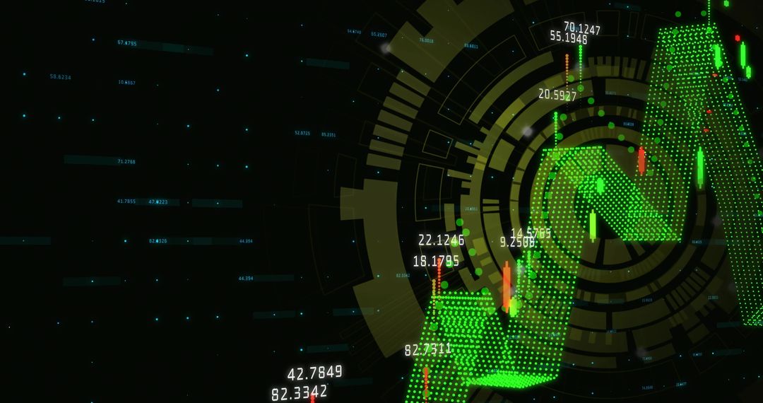 Green 3D Zigzag Arrow Rising on Futuristic Financial HUD with Candlestick Charts and Numeric Labels