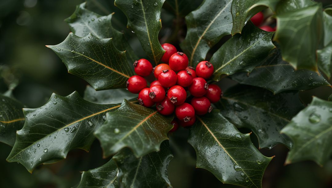 Wet Holly Berries Cluster Amid Shiny Spiny Leaves with Raindrops Creamy Bokeh Macro Background